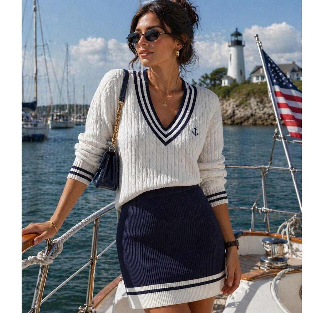 41 Hawthorn Navy Blue Ribbed Knit Striped Hem Mini Skirt Nautical size Large NWT